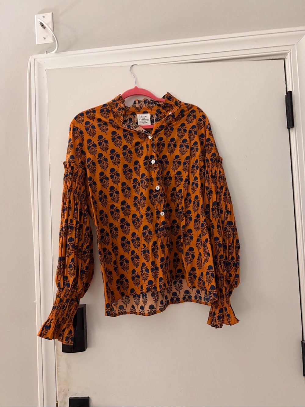 Anthropologie Mustard Orange Blouse with Navy Floral Print